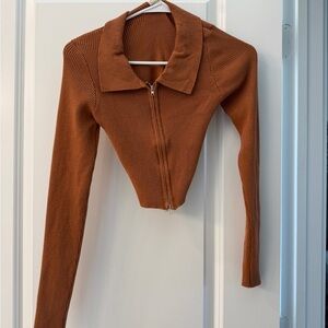 Rust Zip-Front Ribbed Crop Top